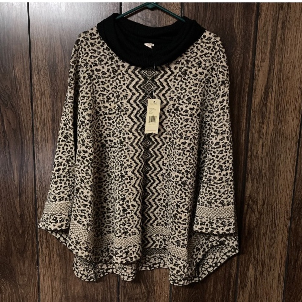 Reba Black and Cream Animal Print Cowl Neck Poncho